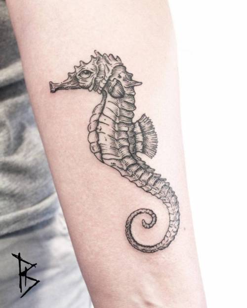 Tattoo tagged with: small, loiclebeuf, black, seahorse, animal, tiny, fish,  little, blackwork, forearm, ocean, engraving, medium size 