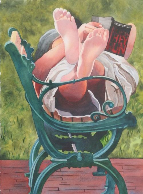 Leyendo plácidamente en el parque (ilustración de Anne Abgott)