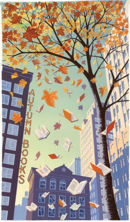 Caen hojas, caen libros en otoño (ilustración de Andrew Davidson)