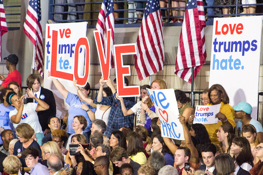 Supporters hold up letters to spell out Love in the crowd Greensboro, NC