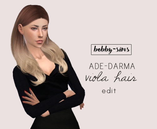bobby-sims:

Ade-Darma Viola Hair edit // download here (11.7 mb) / alternative dl
When I saw this hair, I found so lovely but I don’t the hair on the sides so this. You can see the difference here. This version doesn’t have shadow for technical problems.
Custom thumbnail
36 colors including 9 ombrs (by Ade)
Hat compatible
Read my TOU
Only works with the mesh!
Credits: @adedarma // @simpliciaty for the earrings // @mayhemfashionsims4 for the top // @trillyke for the skirt // @leahlillith for the nails.
