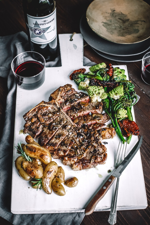 A romantic Valentine's Day recipe: Reverse Sear Porterhouse Steak with Herb Roasted Potatoes, Broccolini, and Romanesco