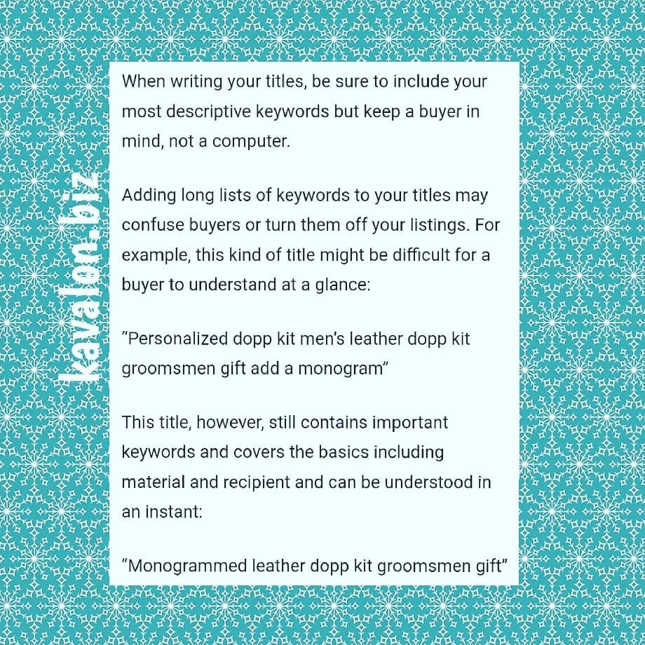 <p>-👩💻The title is the headline, it pulls people in or turns them away- <br/>
Happy Tuesday! Still seeing confusion about how to create Etsy titles( titles on any site). And people who are seeing no or low sales, not understanding that titles need to be revised. The picture is from Etsy guide. It shows the incorrect way then an example of how to correct the title. <br/>
Titles such as -teacher shirt, teacher gift, gift for teacher… Google does not want repetition, just one clear title describing to the customer what the item is. Some have revised their listings, now they are to short and do not have the important critical seo in the title. Revising the title you are keeping all the important information, you are making the title into a clear, readable sentence.<br/>
Keep in mind when revising how it will appear on Google, only about 60 characters will appear in the search.<br/>
For each item you list you have the chance to be unique with the seo.<br/>
When doing tags make sure it matches what is on the page. If not people when come to the page and leave. The tags needs to describe what you are selling. Between making a great descriptive headline and tags, this helps to get you found. You can not always follow what other shops are doing, different products, marketing etc. It is not a secret/roadmap/blueprint.. you have to follow etsy and Google rules …that’s it!! <br/>
Example - Teacher mug, preschool teacher gift, funny teacher mug, coffee mug with sayings… Revise: Funny teacher mug with saying… ( you can play around with title figure out which phrases work and are ranked best) then create titles. If it us over saturated get creative - funny teacher coffee mug (7938) not as saturated as the others. Or cute teacher mugs. <br/>
People are spending more money doing ads instead of fixing the titles.<br/>
#etsytips #kavalonsgilliam #etsysellersofinstagram #etsyhelp #shophelp #etsyshophelp #etsyblogger #etsyseo #etsyseohelp #etsytitles #howtocreateetsytitles #whyaremysaleslow #nosales #seo #smallbizblogger #etsysales #ebaytips #ebaytitles #amazontips #amazontitles #smallbiz #smallbusiness #smallbusinesssupport #raleigh #hollysprings #handmade #handmadesupport #supporthandmade #jewelrymarketing (at Fuquay-Varina, North Carolina)<br/>
<a href="https://www.instagram.com/p/BqsHEKhHe2e/?utm_source=ig_tumblr_share&igshid=ue37bsq04em3" target="_blank">https://www.instagram.com/p/BqsHEKhHe2e/?utm_source=ig_tumblr_share&igshid=ue37bsq04em3</a></p>