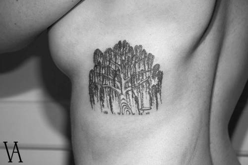 Tattoo tagged with: tree, small, violetaarus, black, rib, tiny, little,  nature, medium size, weeping willow, fine line 