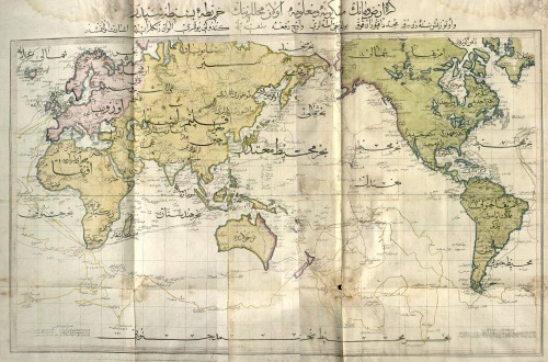 Ottoman world map from the Cedid Atlas, the first atlas printed in the Muslim world, published in 1803. This, only the 15th extant copy of the atlas, was discovered by a librarian in Norway and posted on reddit.