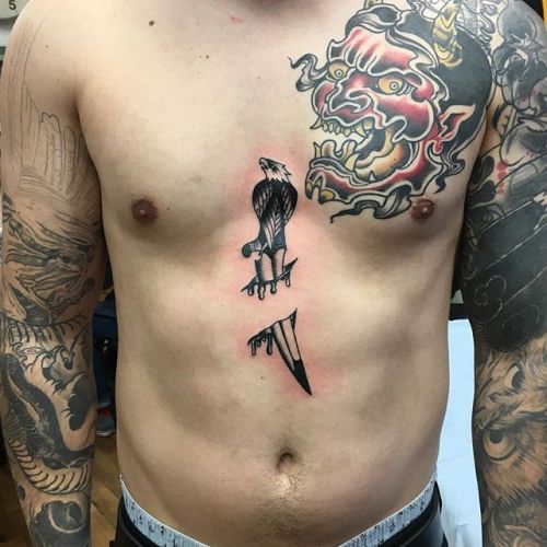 Tattoo tagged with: belly, chest, dagger, eagle, hanya, japanese |  