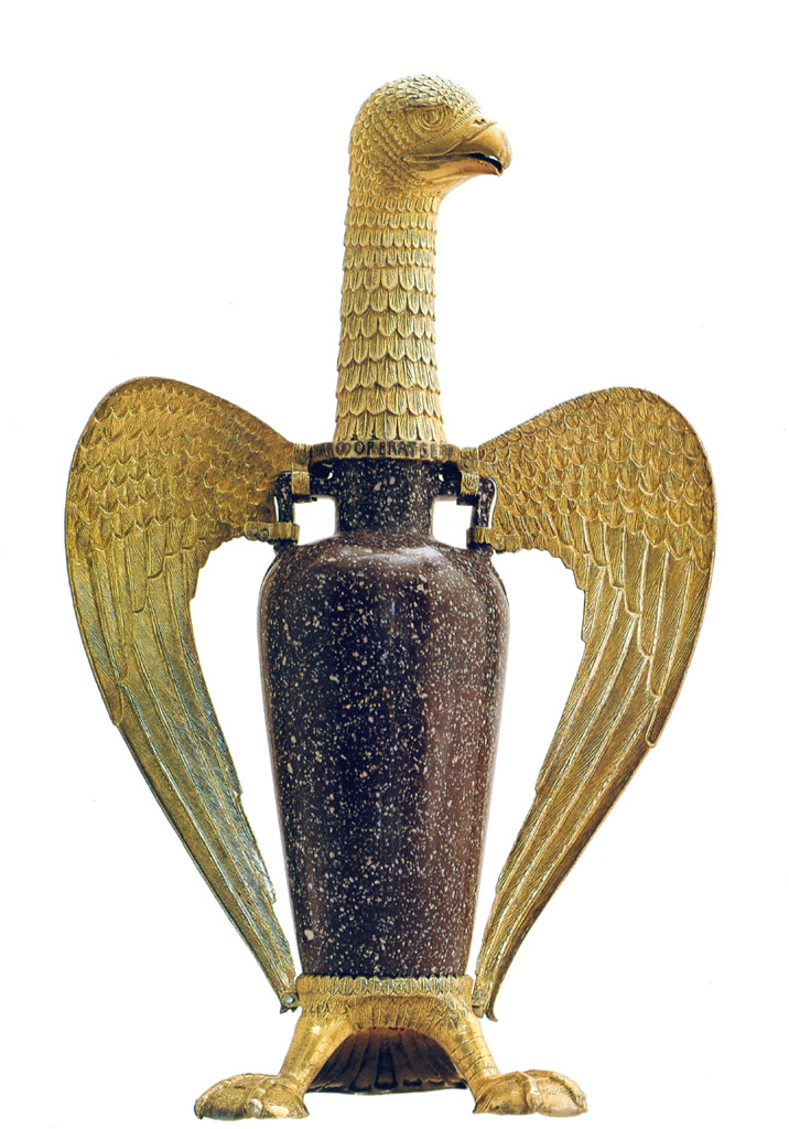 kutxx:
“1.
The “Eagle of Suger” from the treasury of the Abbey of Saint-Denis (Romanesque period)
1147, late antiquity red porphyry vase and gilded nielloed silver frame in the shape of an eagle, Louvre, Paris
”