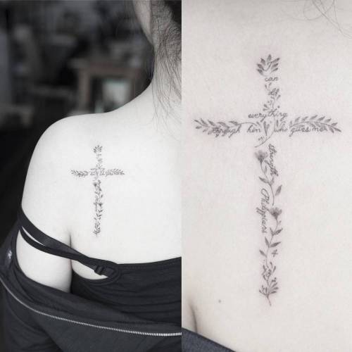 Tattoo tagged with: small, i can do everything through him who gives me  strength, philippians 4 13, tiny, bible verse, little, shoulder blade,  english, christian cross, soltattoo, quotes, religious, english tattoo  quotes,