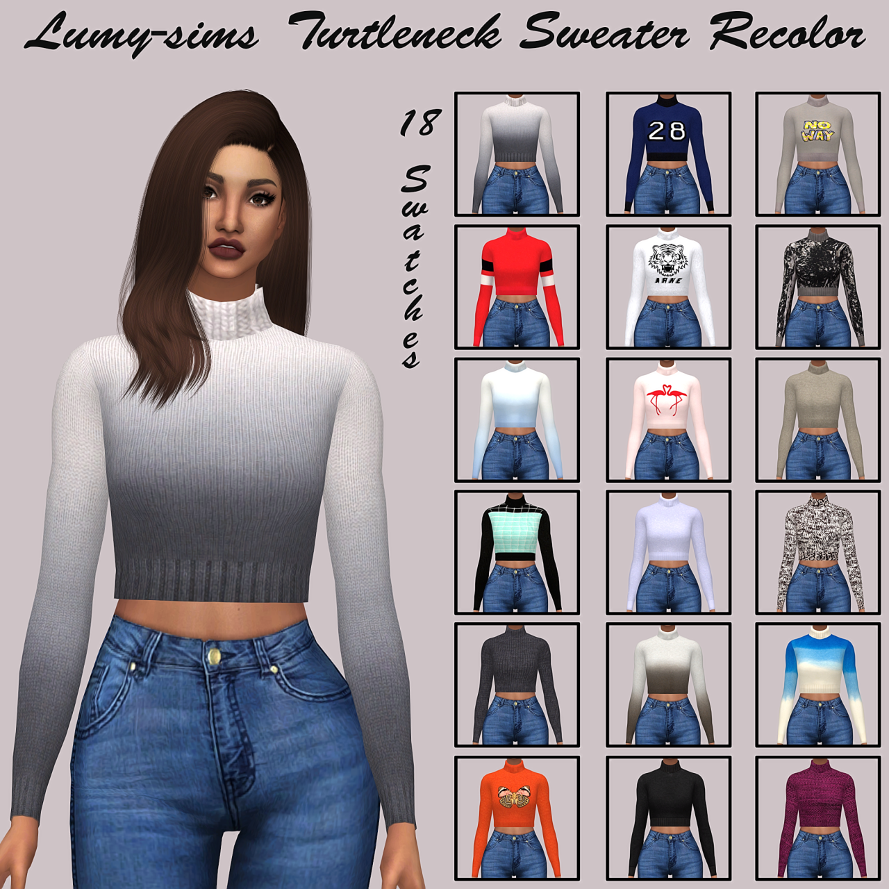 • Puresims turtleneck sweater recolor• 18 Swatches• Custom catalog thumbnail• You need the MESH from @puresims for it to show up• Credits: to @puresims for letting recoloring their meshes :)• DOWNLOADOrigina size X