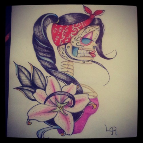 Catrina pin up\u2026 Materiales colores de madera y pluma negra, sobre papel fabriano