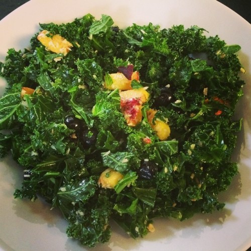 <p>Local kale salad with local peaches, local blueberries, toasted coconut, and a sriracha/rice vinegar dressing #buylocal #summersbest #foodporn #massageyourkale #fiddlerswhocook @grandmasterbranum @bethany_olds @mimala20 (at Lynch Chowning Music Camp Headquarters)</p>