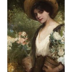 Inspiration du jour by Jose Maria Tamburini (Barcelona 1856-1932) … I basically want to be her! Wearing a cream blouse (whoa neckline!), dark grey jacket, brown skirt, straw hat, holding flowers… What do you think her name was?