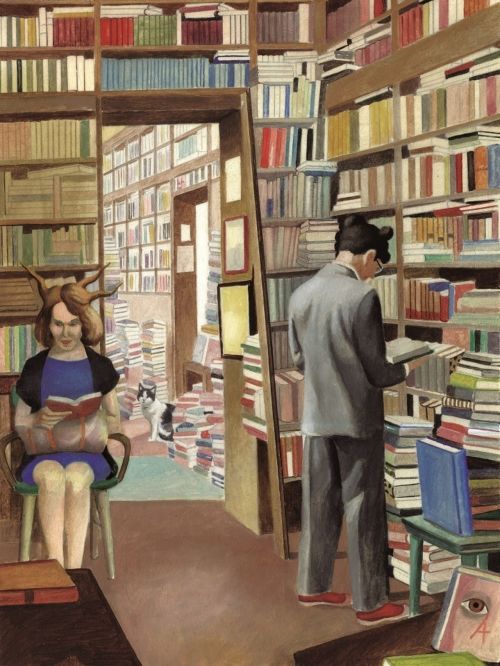 Hay mucho que buscar y rebuscar en la librería (ilustración de Federico Delicado)