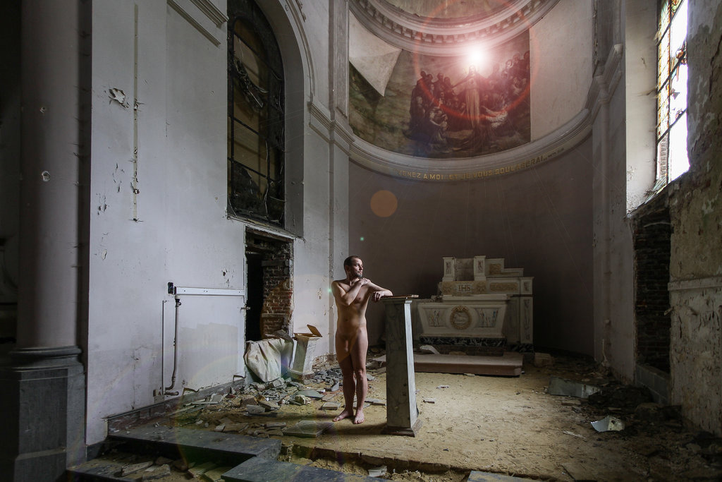 Naked in an abandoned church