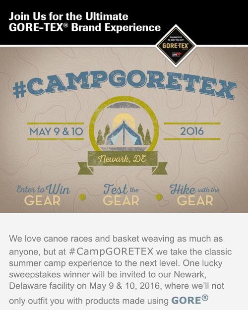 <p>Hey guys!<br/>
We are super stoked to announce that GORE-TEX® brand has invited us to their Newark, Delaware facility to participate in an ultimate experience AND we want one of you to join us at what they call, #CampGORETEX! It’s super easy to enter so we encourage all of you to enter ASAP! There’s only one spot for one lucky fan so please use the link in our bio and enter the sweepstakes to join us on this fun adventure! You never know, it could be YOU who wins but you’ll never know unless you head there right now and enter. More details are included when you click the link or type: <a href="http://offerpop.com/FacebookTabCommon.psp?a=194975693850063&p=331436701202&c=776717">http://offerpop.com/FacebookTabCommon.psp?a=194975693850063&p=331436701202&c=776717</a><br/>
Good luck to you all! Can’t wait to see who joins us! Cheers!<br/>
…<br/>
©Adventure… It’s Contagious! #KeepItContagious ® (at Salt Lake City, Utah)</p>
