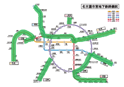 名古屋市営地下鉄の最小距離完乗の方法。太線の区間は2回、細線の区間は1回乗ればよい。