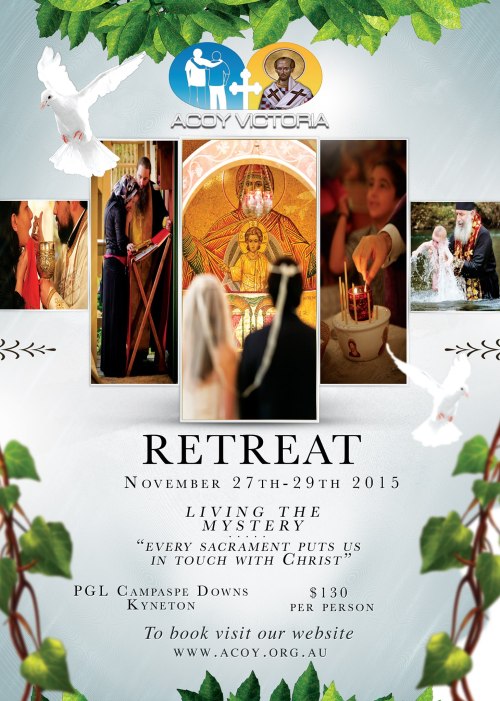 <h2>LIVING THE MYSTERY</h2>“Every sacrament puts us in touch with Christ”<br/><br/>The ACOY VIC Retreat 2015 is in full swing. This year we have moved to a new venue, PGL Campaspe Downs, which has some fantastic facilities and also activities to break up our sessions.<p><a href="http://www.acoy.org.au/retreat-vic.php">http://www.acoy.org.au/retreat-vic.php</a><br/></p>