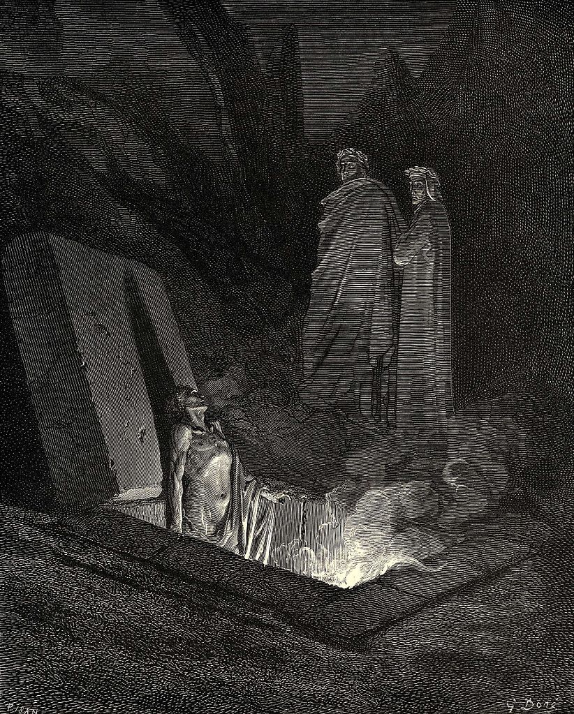 Inferno: Canto X - Lines 40-42 (1810 - Engraving) - Gustave Doré
He, soon as there I stood at the tomb’s foot, Eyed me a space: then in disdainful mood - Address’d me: “Say what ancestor were Thine.”