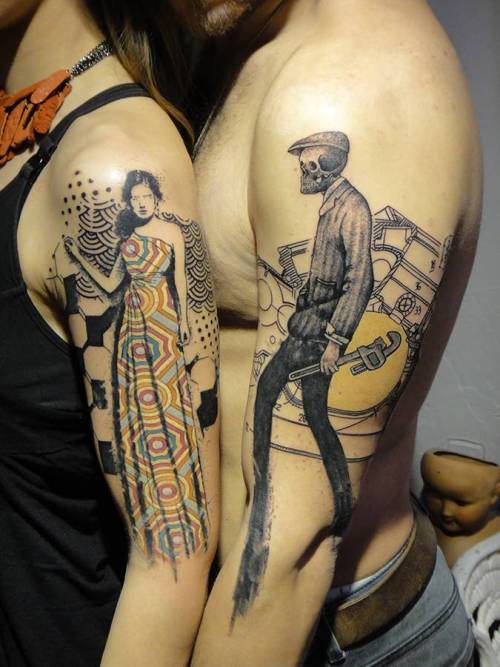 Tattoo tagged with: horror, skull, black, big, graphic, red, blue, yellow,  women, xoil, tatuaje, tatuajes, orange, other, upper arm 