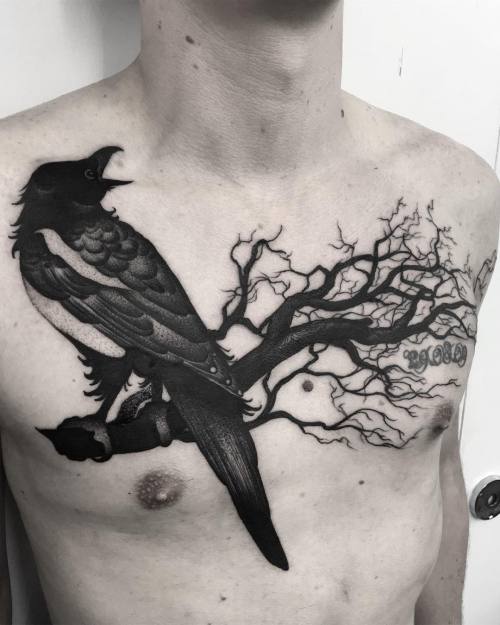 Tattoo tagged with: chest, dots, tree, crow 