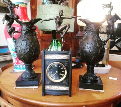 <p>Victorian mantle piece clock, pair of bronze ewers and deco style lady #Eclectic #antique #Hove #brighton.<br/>
.<br/>
.<br/>
#interior4you1 #interior_delux</p>