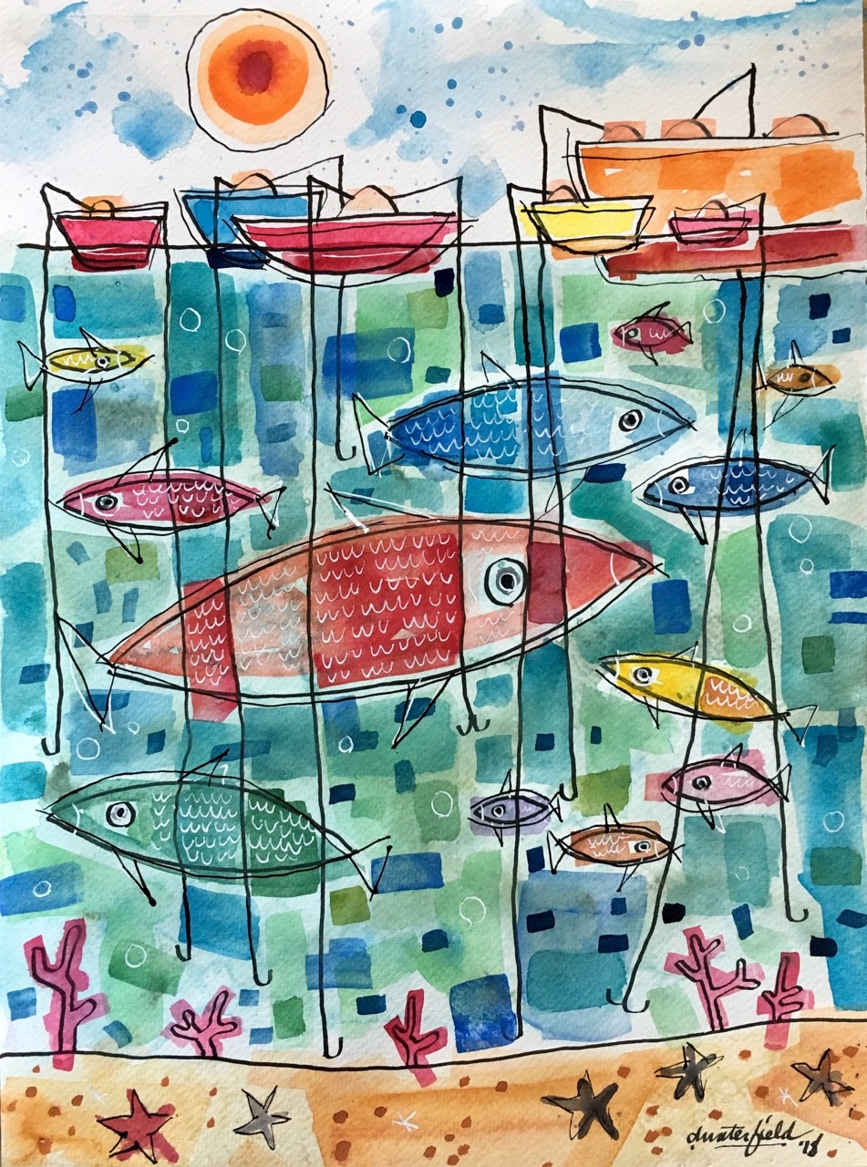 <p>“Catch of the Day (Not)” 2018, watercolor, guoache and India ink on paper</p>