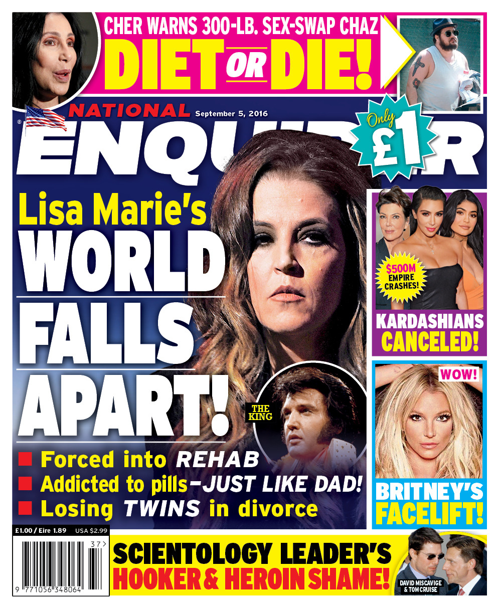 Lisa Marie’s World Falls Apart! Forced into rehab, addicted to pills (just like Dad!) and losing twins in divorce, it’s all in the latest issue of the National Enquirer on sale now, go here to find your nearest stockist