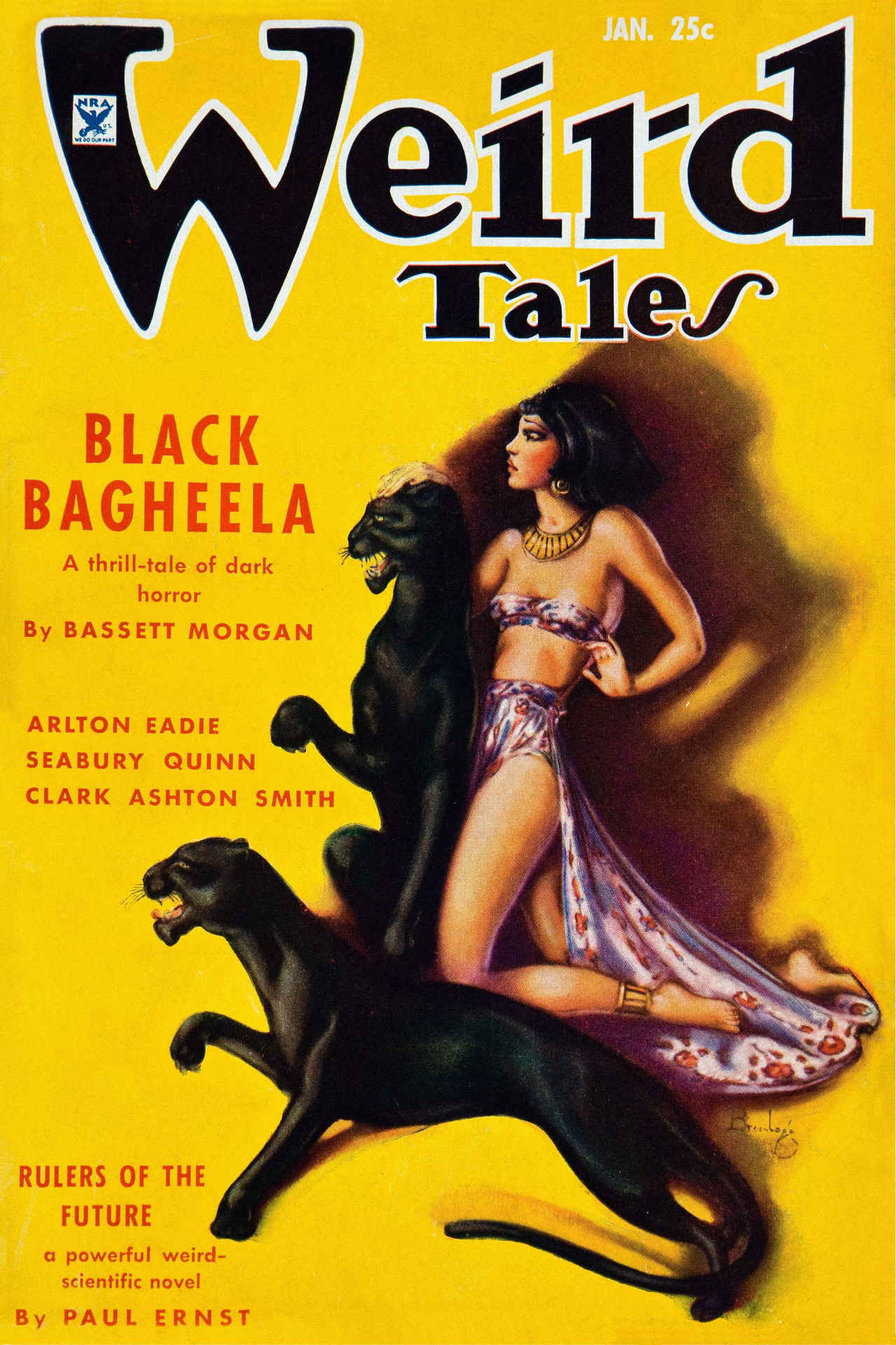 scificovers:
“ Weird Tales vol 25 no 1, January 1935. Cover by M. Brundage illustrating “Black Bagheela” by Bassett Morgan.
”