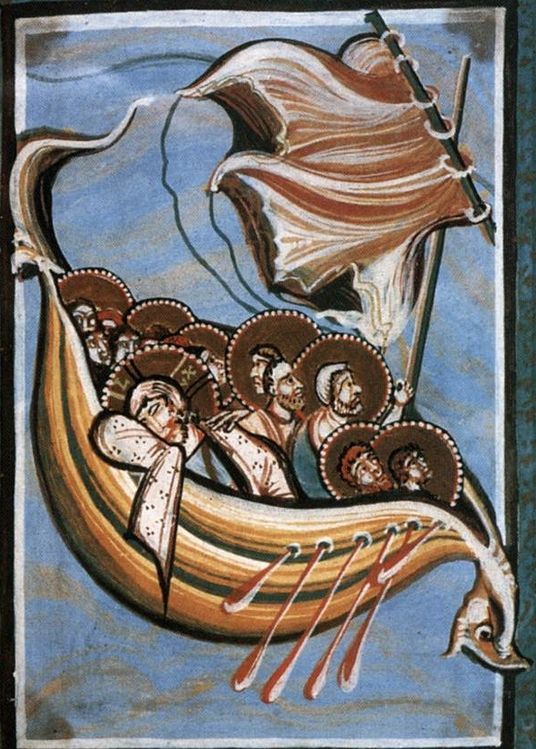 kutxx:
“2.
Christ and Apostles on the Sea of Galilee. (Romanesque period. Cologne school)
c. 1020, miniature, Hessische Landesbibliothek, Darmstadt
”
