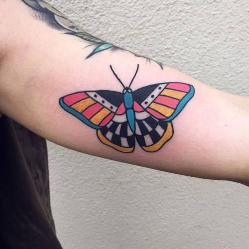 Tattoo tagged with: small, inner arm, black, animal, tiny, blue, yellow,  pink, little, patrykhilton, moth, medium size, illustrative, insect |  