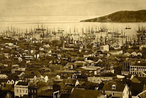 One of earliest photos of San Francisco, boats in the harbor & Yerba Buena Island, after Gold Rush began, 1851