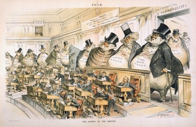 <p>
“The Bosses of the Senate,” an 1889 cartoon symbolizing the dominance of
corporate industry in the Gilded Age, by Joseph Keppler. (Credit:
Public domain.)
<br/></p>