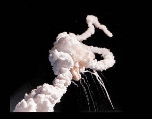 
Challenger Exhaust Trail, 1986   The destruction of the space shuttle Challenger
 73 seconds after liftoff on January 28, 1986. An image that is 
instantly recognizable to millions who saw the event played over and 
over again on television.
      (NASA/airspacemag) 