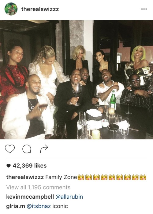 Swizz Beats shared on Instagram a photo of him, Alicia Keys, Beyoncé, Jay Z, Steve Stoute, Lauren Bronte, Kim Kardashian, Kanye West, and Cassie all hanging out after the VMAs.