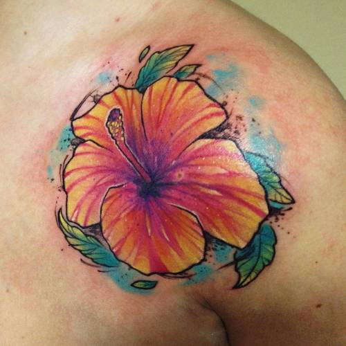 Tattoo tagged with: addidraws, black, blue, flower, green, hibiscus,  little, medium size, nature, orange, red, shoulder, small, tiny, violet,  watercolor, yellow 