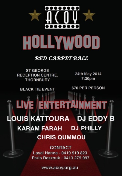 <p>It’s back! The annual Melbourne ACOY Ball. This year, we’ve gone Hollywood! <a href="http://www.acoy.org.au/hollywood-ball-2014.php" title="Hollywood Ball Registration" target="_blank">Click here to Register</a> early and bring a table so you can get an awesome discount. Check out the flyer for more details and see you there… make sure you dress Hollywood otherwise you’ll be the only one!</p>
