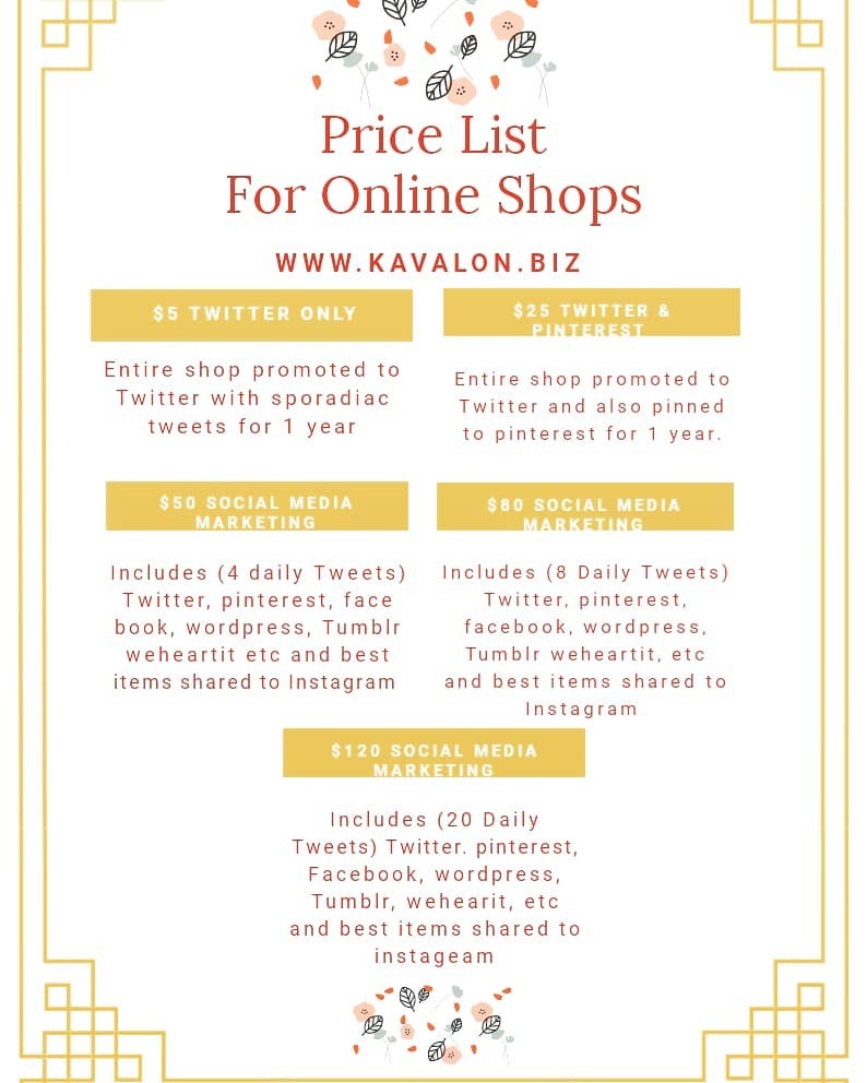 <p>🌺🌺🌺🌺🌺🌺🌺🌺🌺🌺🌺🌺<br/>
Price list for online shops only.<br/>
Such as Poshmark, etsy, ebay, amazon, mercari, zibbett, etc<br/>
All packages are for 1 year. <br/>
We promote the entire shop. <br/>
🌺🌺🌺🌺🌺🌺🌺🌺🌺🌺🌺🌺<br/>
.</p>
<p><br/>
#tumblr #twitter #facebookshop #weheartit #wordpress #instagrammarketing #pinterestcraft #google #bloggermexicana #willowsprings #carync #garnernc #dunnnc #lillingtonnc #shoplocalraleigh #kurebeach #asheboro #nagshead #kavalon #kavalongilliam #kavalonthatsme #poshmark #mercari #spoutsprings #johnsonville #jacksonville #knightdale #londonblogger #thehandmadeparade (at Bald Head Island, North Carolina)<br/>
<a href="https://www.instagram.com/p/Bpie5DcFXGr/?utm_source=ig_tumblr_share&igshid=1qjg702ad3061" target="_blank">https://www.instagram.com/p/Bpie5DcFXGr/?utm_source=ig_tumblr_share&igshid=1qjg702ad3061</a></p>