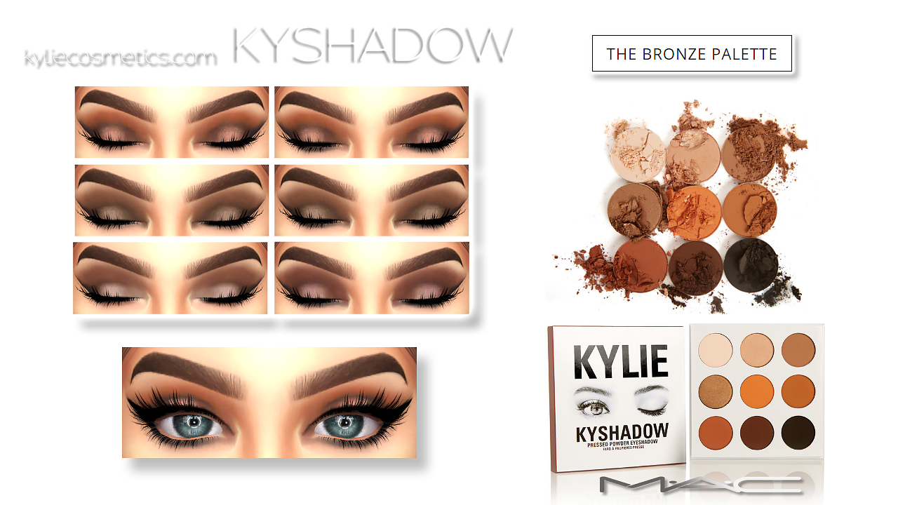kyliecosmetics KYSHADOW Palette by MACShades from left to right: Jasper, Quartz, Topaz, Goldstone, Citrine, Tiger Eye, Hematite, Bronzite, Obsidian.There are 3 eye shadow looks with 3 shades incorporated into each + a subtle brow-bone highlight....