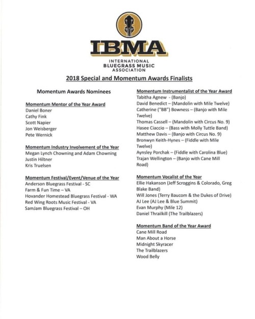 <p>Well, isn’t this nice? Thank you to the nominating committee of the @intlbluegrass for including us in the Industry Involvement category of the IBMA Momentum Awards. Nashville Acoustic Camps is all about bridging gaps and narrowing divides between people by cramming them into our living room and teaching them to play bluegrass and old time music for hours on end. We’re a little surprised there’s an award for that, but since there is, we’re honored to be nominated for it. 😉 This is also an opportunity to thank our instructors, without whom we would not be able to do any of this and therefore the gaps would remain un-bridged and our living room would remain terribly lonely. This nomination is just as much for all of them. (Also, a bunch of them are nominated for awards of their own so clearly the IBMA recognizes how fabulous they are without me having to mention it.) #bluegrass #nashvilleacousticcamps #itsjustanhonortobenominated (at Fiddlestar)</p>