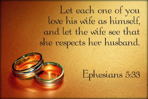 “Ephesians 5:33 (ESV) However, let each one of you love his wife as himself, and let the wife see that she respects her husband. ”