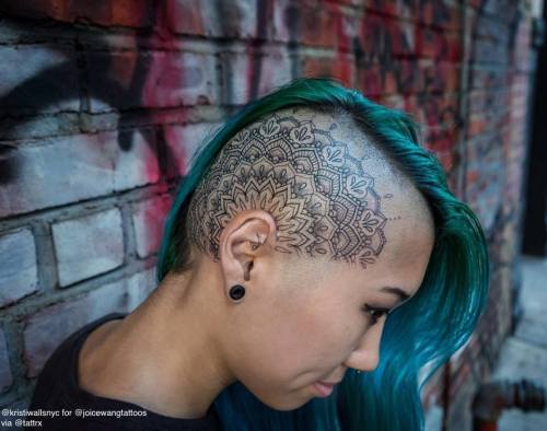 Tattoo tagged with: henna, mehndi, sacred geometry, nyc, female tattoo  artist, green hair, mandala, head, geometric, artist, modified, female  artist, new york, blue hair, mermaid hair, kristi walls, headtattoo,  bangbangnyc 