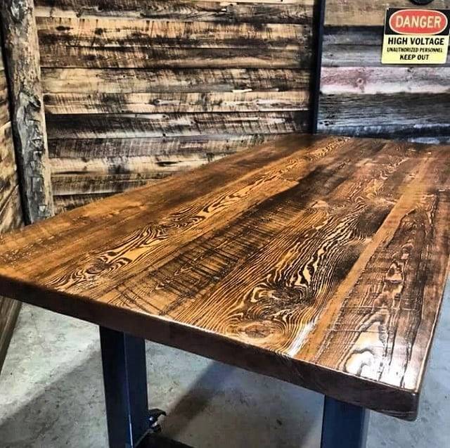 <p>Nice rustic table done by the boys in our Durham Region shop.</p>
<p>This is a circle sawn hemlock table with chunky steel legs.</p>
<p>For the finish it is a medium brown stain with a satin clear coat.</p>
<p>Come out and check out our Durham shop - we are located on the border of Whitby and Oshawa at 1280 Terwilliger Ave - units 2 & 3. (at Barnboardstore Durham)<br/>
<a href="https://www.instagram.com/p/BsLh-iOhmQb/?utm_source=ig_tumblr_share&igshid=h5nx7h3r5wlr">https://www.instagram.com/p/BsLh-iOhmQb/?utm_source=ig_tumblr_share&igshid=h5nx7h3r5wlr</a></p>