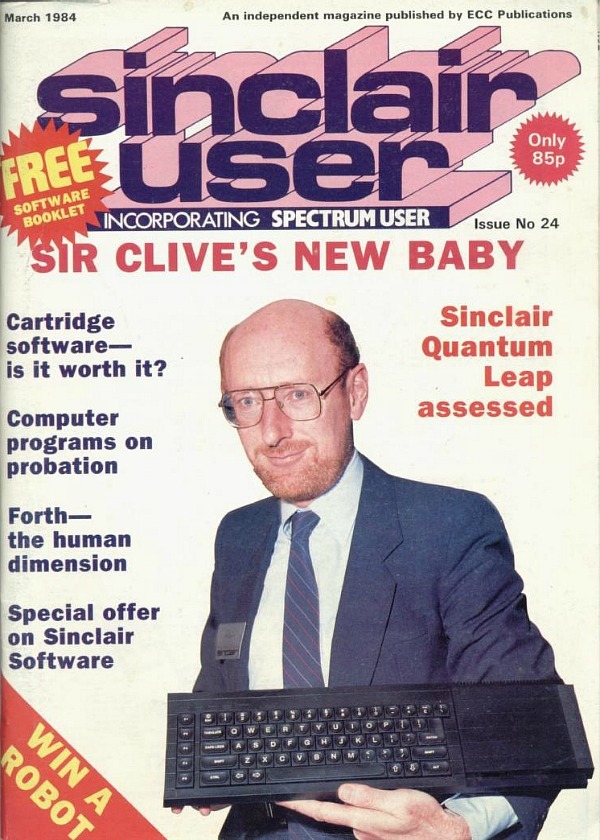 <p><b><a href="http://www.simplyeighties.com/sinclair-user.php#.Vjz7ePnhDIU">Sinclair User magazine</a></b> March 1984 ft. Clive Sinclair holding a QL computer.</p>