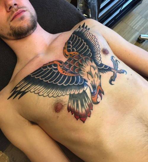 Tattoo tagged with: kim anhnguyen, brown, grey, traditional, black, big,  animal, chest, eagle, bird, tatuaje, tatuajes, orange 