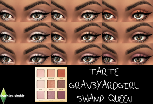 bernies-simblr:
“ (UNISEX) tarte Grav3yardgirl Swamp Queen eyeshadow palette for TS4! Standalone UNISEX eyeshadow set with swatches and custom thumbnail.
DOWNLOAD HERE
”