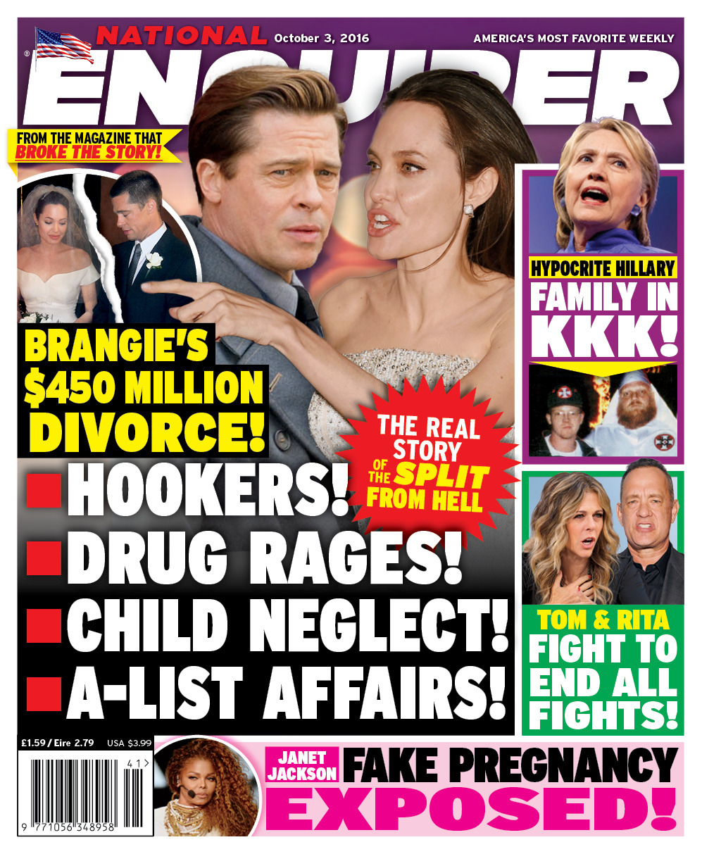 Brangie’s $450m Divorce! The real story of the split from hell from the magazine that broke the story. Go here to find your nearest stockist of the National Enquirer