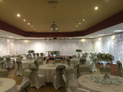 <p>Full Room Drapes for your wedding or event. We work across North West, Wales and Cumbria with our elegant bespoke ice silk drapes with or without Twinkle LED Lights</p>