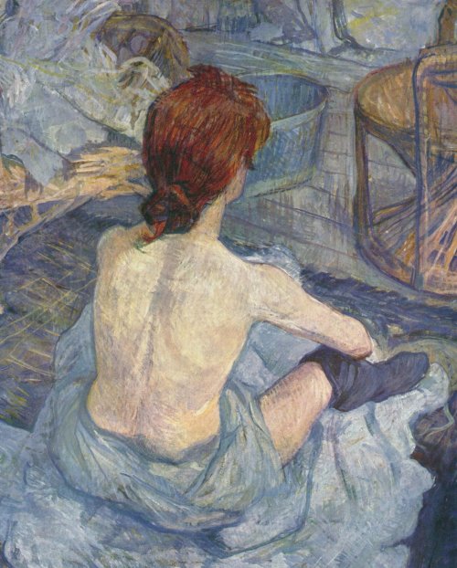 <p>A lesser known painting by one of my favourite artists, Henri de Toulouse Lautrec. Made famous in popular culture by the movie Moulin Rouge, Lautrec was a central figure in the Bohemian, artistic world of fin de siecle Paris. From an aristocratic family, childhood polio crippled him and he always felt more at ease with outsiders and the lower classes. An impressionist with a difference, he focussed much of his attention on depicting ‘behind the scenes’ highly intimate and profoundly personal portraits of Paris’s cabaret girls and prostitutes who let him in to their secret worlds, allowing him to view and paint the trusting, affectionate and sometimes sexual relationships they had with each other away from the lusty punters. For some reason, this scene of a dancer undressing is my favourite…. I love the sensuality of her back. I love that while we’re