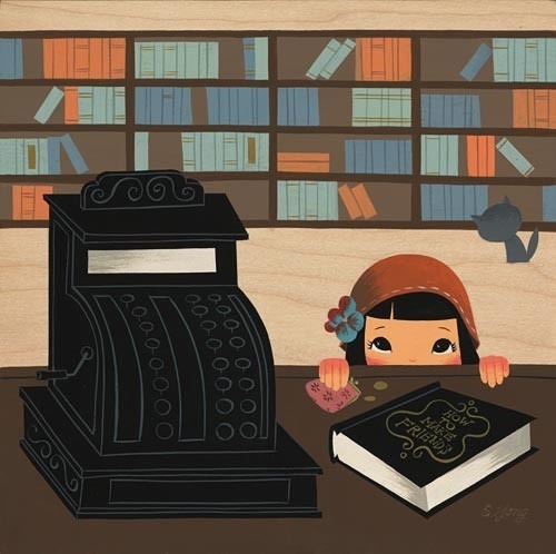 bibliolectors:
“ In the library: I have enough money? / En la librería: tengo bastante dinero? (ilustración de Seonna Hong)
”