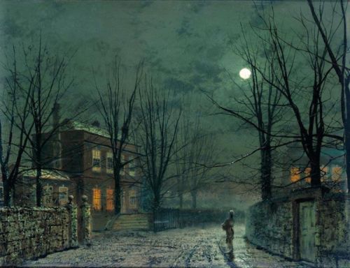 Ressam : John Atkinson Grimshaw (1836-1893)
Resmin Adi : The Old Hall Under Moonlight (1882)
Nerede : Özel Koleksiyon
Boyutu : 49,5 cm x 39 cm
Dün Millet'in şaşırtıcı resminden bahsettiğimden beri, bende uyandırdığı fosfor etkisinden olacak, bugün aklım Grimshaw'daydı.  Grimshaw'un resimlerinin tamamı bir bütünlük içinde, hepsi en ince detayına kadar gerçekçi, ve hepsi renklerin etkisiyle büyüleyici. Bu siteden bir kerede tüm resimlerini bir arada görebilirsiniz, ne demek istediğimi daha iyi anlayacaksınız. Bu ay ışığı resmi de özel koleksiyonda, yani zengin ama sahip olduğu paraları hakkıyla harcamayı becerebilen birinde yani. Grimshaw'un hayatını Blackman Street, London resmi eşliğinde 20 Nisan‘da anlatmıştım. Millet'in dünkü şaşırtıcı tarzı gibi, Grimshaw'un da şaşırtıcı ama yine büyüleyici bir resmi olan Snowbound'a 18 Ağustos‘ta, perili Spirit of the Night resmine ise 12 Ekim&lsquo;de yer vermiştim. Hatırlamak isterseniz tarih linklerine tıklayın. 